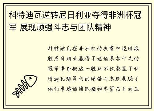 科特迪瓦逆转尼日利亚夺得非洲杯冠军 展现顽强斗志与团队精神